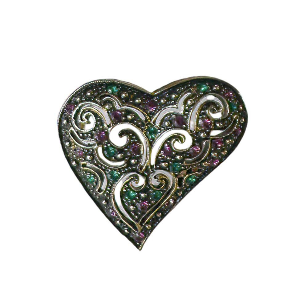 1928 Jewelry Co. Gold Plated Green & Pink Rhinestone Open Scrollwork Heart Pin